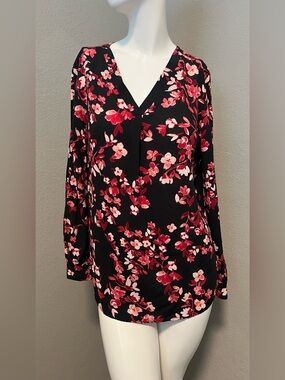 BRINA & EM Women’s Black/Red Floral Rayon Long Roll Tab Sleeve Blouse Size L